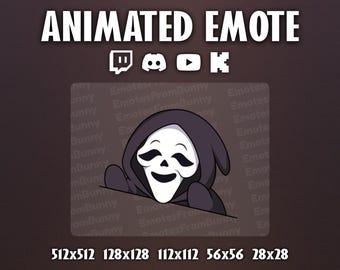 Op de afbeelding: Geanimeerde emote met een stripfiguur in een zwarte capuchon met een wit masker en een lachend gezicht. De afbeelding bevat de tekst "ANIMATED EMOTE" en social media-pictogrammen. Verschillende formaten worden vermeld.