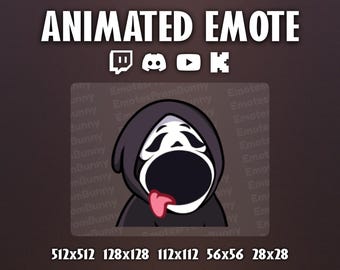 Op de afbeelding: Geanimeerde emote met een stripfiguur in een zwarte capuchon met een wit masker en open mond, tong uitgestoken. De afbeelding bevat social media-iconen en verschillende afmetingen.