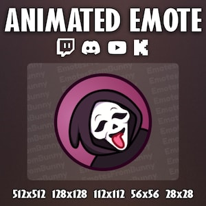Peut inclure: Conception d'emote animée avec un personnage de dessin animé portant une robe à capuche noire, un masque blanc et une langue rose. L'image comprend des icônes de médias sociaux et le texte « ANIMATED EMOTE ». Différentes dimensions sont listées.