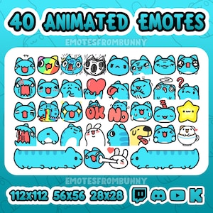 May include: A sheet of 40 animated emotes featuring various expressions of a blue cat character. The emotes include a heart, rainbow, and star. The text "40 ANIMATED EMOTES" and "EMOTESFROMBUNNY" are displayed. Sizes are 112x112, 56x56, and 28x28.