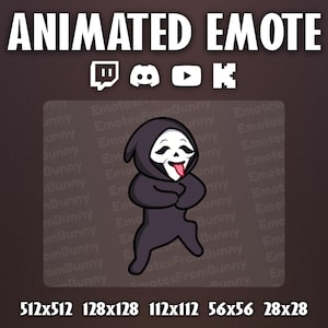 May include: An animated emote featuring a cartoon character in a black hooded robe with a white ghost mask, sticking its tongue out with arms crossed. The text ANIMATED EMOTE is at the top, with platform icons and pixel dimensions 512x512, 128x128, 112x112, 56x56, 28x28.