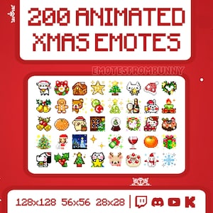 May include: A red background with white snowflakes and text that reads "200 Animated Xmas Emotes." Below, a collection of pixelated Christmas-themed images, including a gingerbread man, Christmas tree, and Santa hat. The image also includes social media icons.
