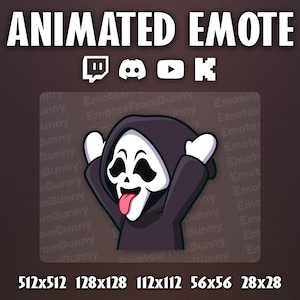 May include: An animated emote featuring a character in a dark purple hooded cloak with a white skull mask, wide black eyes, and a pink tongue sticking out. The text "ANIMATED EMOTE" appears at the top, with platform icons and pixel dimensions below.