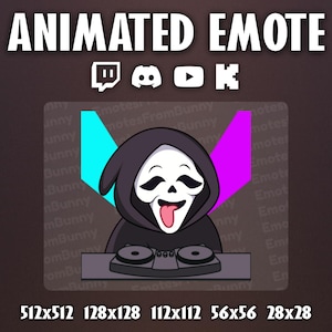 Könnte beinhalten: Animierter Emote mit einer Zeichentrickfigur in einer schwarzen Kapuzenrobe mit weißer Maske, die ihre Zunge herausstreckt. Die Figur steht hinter einem DJ-Mischpult mit blauen und lila Flügeln. Der Text "ANIMATED EMOTE" und Social-Media-Symbole sind enthalten.