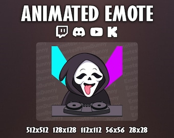 Puede incluir: Emoticón animado que presenta un personaje de dibujos animados con una túnica con capucha negra y una máscara blanca, sacando la lengua. El personaje está detrás de una mesa de mezclas de DJ con alas azules y moradas. Incluye el texto "ANIMATED EMOTE" e iconos de redes sociales.