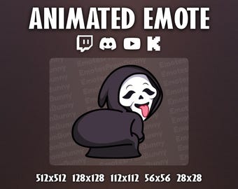 Op de afbeelding: Een geanimeerde emote met een stripfiguur in een zwarte capuchon met een wit gezicht en een roze tong. De tekst "ANIMATED EMOTE" staat bovenaan, met social media-pictogrammen. De afbeelding bevat verschillende afmetingen.