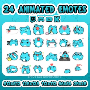Puede incluir: Un conjunto de 24 emotes animados con un personaje azul con forma de gato en varias expresiones. Los emotes se muestran sobre un fondo blanco con el texto "24 ANIMATED EMOTES" e iconos de redes sociales. Tamaños: 512x512, 128x128, 112x112, 56x56 y 28x28.
