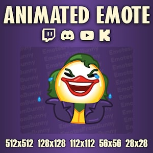 May include: Animated emote featuring a laughing emoji with green hair, a red smile, and purple clothing. The background is purple with the text "ANIMATED EMOTE" and social media icons. Sizes are listed below the image.