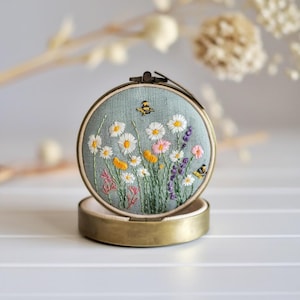 Mini Floral Embroidered Jewelry Box with Mirror, Handcrafted Linen Jewelry Storage Box, Cute Vintage Gift, Bridesmaid Gift