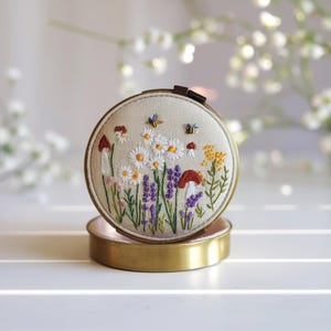 Mini Floral Embroidered Jewelry Box with Mirror, Handcrafted Linen Jewelry Storage Box, Cute Vintage Gift, Bridesmaid Gift