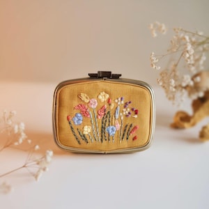 Mini Floral Embroidered Jewelry Box with Mirror, Handcrafted Linen Jewelry Storage Box, Cute Vintage Gift, Bridesmaid Gift