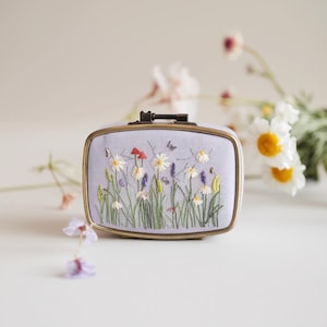 Mini Floral Embroidered Jewelry Box with Mirror, Handcrafted Linen Jewelry Storage Box, Cute Vintage Gift, Bridesmaid Gift