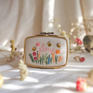 Mini Vintage Jewelry Box with Mirror, Handcrafted Linen Organizer, Floral Embroidered Design, Bridesmaid Gift Idea