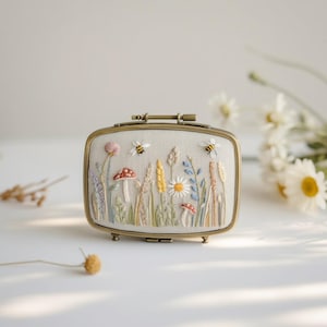 Mini Floral Embroidered Jewelry Box with Mirror, Handcrafted Linen Jewelry Storage Box, Cute Vintage Gift, Bridesmaid Gift