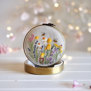 Mini Floral Embroidered Jewelry Box with Mirror, Handcrafted Linen Jewelry Storage Box, Cute Vintage Gift, Bridesmaid Gift