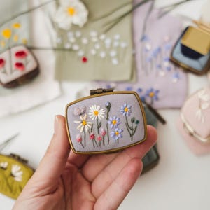 Mini Floral Embroidered Jewelry Box with Mirror, Handcrafted Linen Jewelry Storage Box, Cute Vintage Gift, Bridesmaid Gift