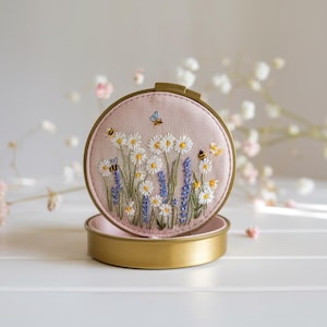 Mini Floral Embroidered Jewelry Box with Mirror, Handcrafted Linen Jewelry Storage Box, Cute Vintage Gift, Bridesmaid Gift