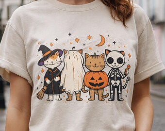 Grafisch Halloween-shirt kat – Four Cats in Costumes, Spooky Fall-T-shirt