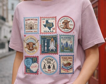 Comfort Colors® vintage shirt met collage van Texas-stempels — Retro State Pride Western Vibe