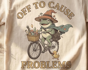 Uit om problemen te veroorzaken Frog-shirt — Vintage Cottagecore Bicycle Storybook-shirt met print