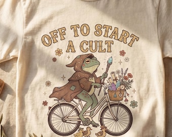 Off To Start A Cult Frog Shirt — Vintage Cottagecore Bicycle Storybook Graphic