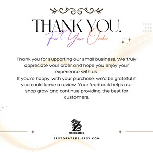 May include: A white graphic with the words "THANK YOU" in a stylized font, with "For Your Order" in a script font. The text is accompanied by decorative elements and a shop logo, with the Etsy shop URL at the bottom.