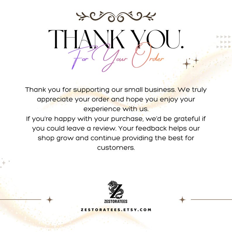 May include: A white graphic with the words "THANK YOU" in a stylized font, with "For Your Order" in a script font. The text is accompanied by decorative elements and a shop logo, with the Etsy shop URL at the bottom.