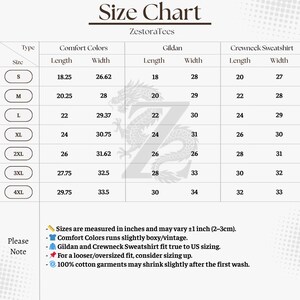 Puede incluir: Tabla de tallas de ZestoraTees, con medidas en pulgadas (y cm) para Comfort Colors, Gildan y Crewneck Sweatshirts. Tallas de la S a la 4XL. Incluye notas sobre el ajuste y el cuidado de la tela.