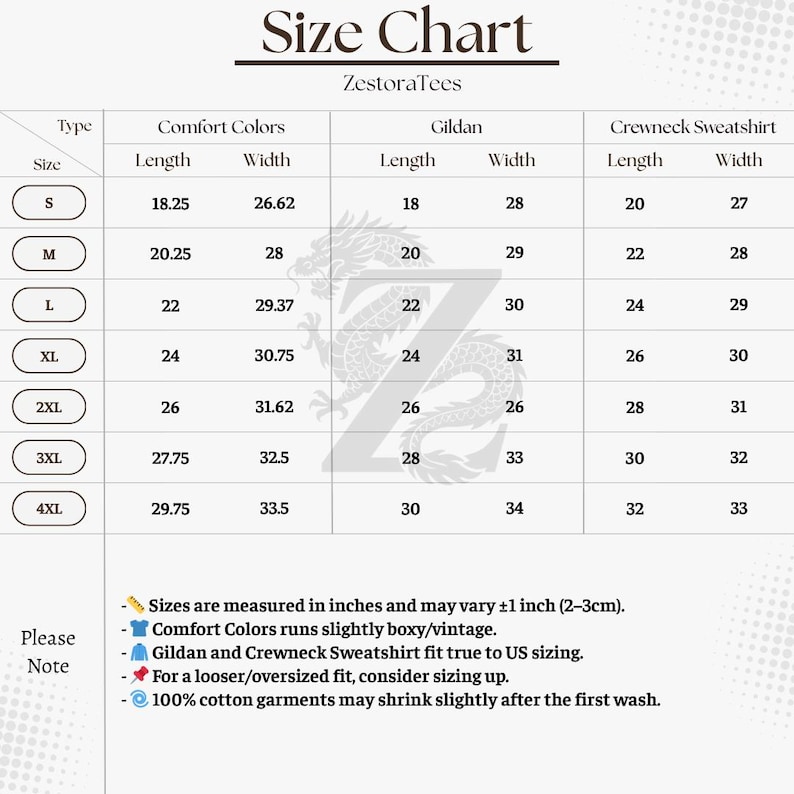 Puede incluir: Tabla de tallas de ZestoraTees, con medidas en pulgadas (y cm) para Comfort Colors, Gildan y Crewneck Sweatshirts. Tallas de la S a la 4XL. Incluye notas sobre el ajuste y el cuidado de la tela.