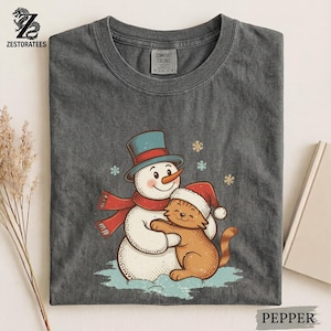 Comfort Colors® Christmas Cat Shirt – Snowman Hug Graphic Tee