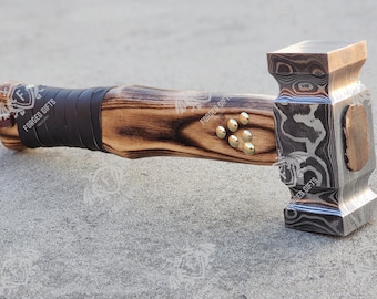 Hand-Forged Damascus Steel Hammer: Burnt Wood Handle, Artisan Tool