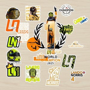 Puede incluir: Una colecci&oacute;n de pegatinas con cascos de carreras, el n&uacute;mero 1 y el nombre "Lando Norris". Las pegatinas son de varios colores, incluyendo negro, amarillo, naranja y verde. Algunas pegatinas tienen las palabras "Champion" y "World Champion".