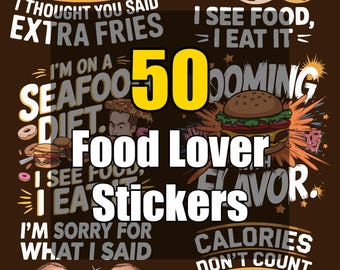 Food Lovers Sticker Pack, 50 Foodie Stickers, Cute Food Stickers, Laptop Stickers, Water Bottle Stickers, Planner Stickers