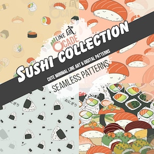 Peut inclure: Plusieurs motifs sans couture avec des illustrations de sushis. L'image présente différents types de sushis, tels que des nigiris et des makis, avec le texte "SUSHI COLLECTION" et "SEAMLESS PATTERNS". La palette de couleurs comprend de l'orange, du vert et du beige.