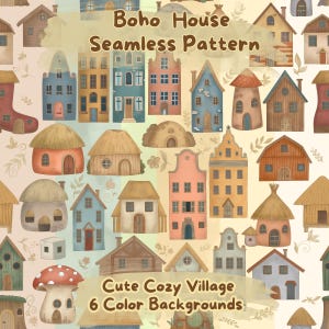 Peut inclure: Un motif sans couture avec des illustrations à l'aquarelle de maisons et de bâtiments pittoresques dans un cadre de village. Le design comprend le texte "Boho House Seamless Pattern" et "Cute Cozy Village 6 Color Backgrounds."