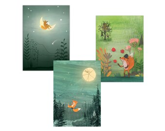 SET van GROTE 3 wenskaarten/miniposters '3 foxes'