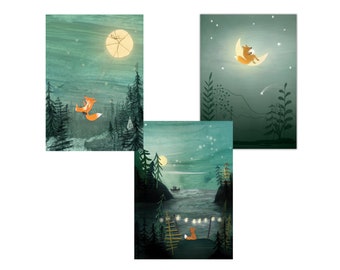 SET of 3 cards/miniposters 'lunar fox'