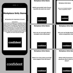 May include: A smartphone displays a "Workplace Unity Game" with questions for inspiration and growth. The game includes cards with questions and the word "confident" in a black box. The game is designed to strengthen teamwork.