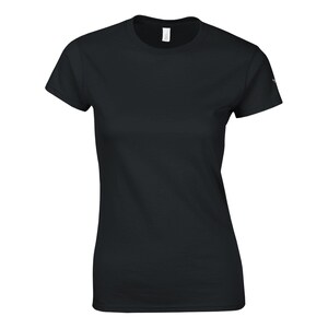 May include: A plain black crew neck t-shirt. The short-sleeved top is made of a soft material and has a simple design. The t-shirt is suitable for casual wear and layering.