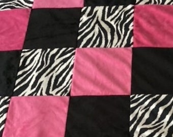 MARKED DOWN:  Minky Throw in Fuchsia Pink, Black and Zebra Squares