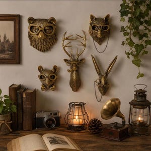 May include: A collection of five wall-mounted animal head sculptures in a metallic bronze finish, including a bear, deer, fox, rabbit, and mouse, all wearing glasses. The deer features a pipe, the fox a chain, and the rabbit a monocle.