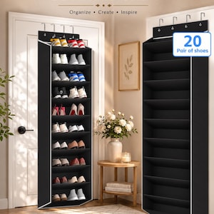 May include: Two black over-the-door shoe organizers with ten shelves each, capable of holding 20 pairs of shoes. The organizers feature metal hooks for hanging on doors. Text on the image includes CraftKitsArt, Organize, Create, Inspire, and 20 Pair of shoes.
