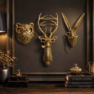 May include: Three gold-toned animal wall sculptures featuring a bear wearing glasses, a deer with antlers wearing glasses and holding a pipe, and a rabbit with a monocle on a chain. These decorative wall mounts are finished in a metallic gold.