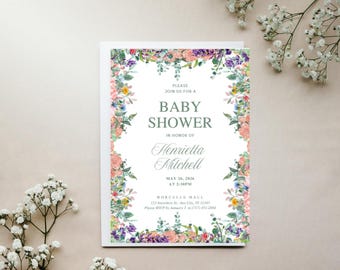 花柄ボーダーのベビーシャワー招待状