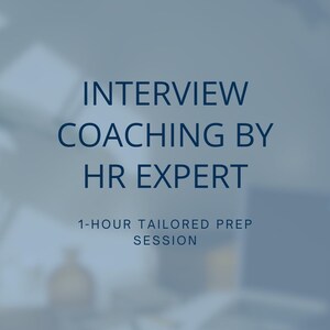 May include: A blue-toned graphic with the text "INTERVIEW COACHING BY HR EXPERT" in large, dark blue letters. Below, smaller text reads "1-HOUR TAILORED PREP SESSION". The background is a blurred, light blue.