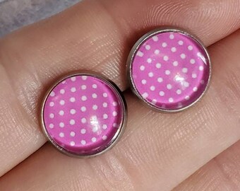 Pink Polka-dot Earring Studs / Pink / Polka-dot  / Silver / Handmade