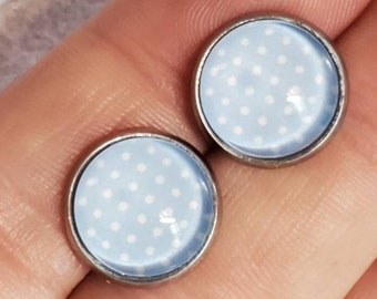 Blue Polka-dot Earring Studs / Light Blue / Polka-dot / Silver / Handmade