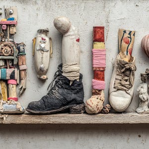 Op de afbeelding: Een verzameling mixed media sculpturen op een houten plank. Het kunstwerk omvat een robotfiguur, een zwarte laars, een paar sneakers en diverse abstracte vormen in gedempte kleuren. De stukken zijn geplaatst tegen een getextureerde, gebroken witte achtergrond.