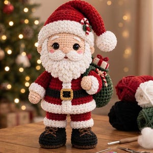 Könnte beinhalten: Eine gehäkelte Weihnachtsmann-Puppe mit einer roten Mütze, weißem Bommel und Zuckerstangen-Akzent, einem roten Mantel mit weißem Besatz, einem schwarzen Gürtel mit goldener Schnalle und dunklen Stiefeln. Die Puppe trägt einen grünen Sack mit Geschenk.