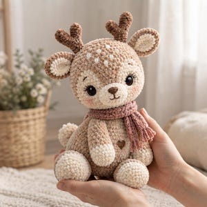 May include: A crocheted deer plush toy with light brown and cream yarn, featuring dark brown antlers, large black eyes, a small brown nose, and a dusty pink scarf. The deer has a small brown heart detail on its chest and a fluffy white tail.